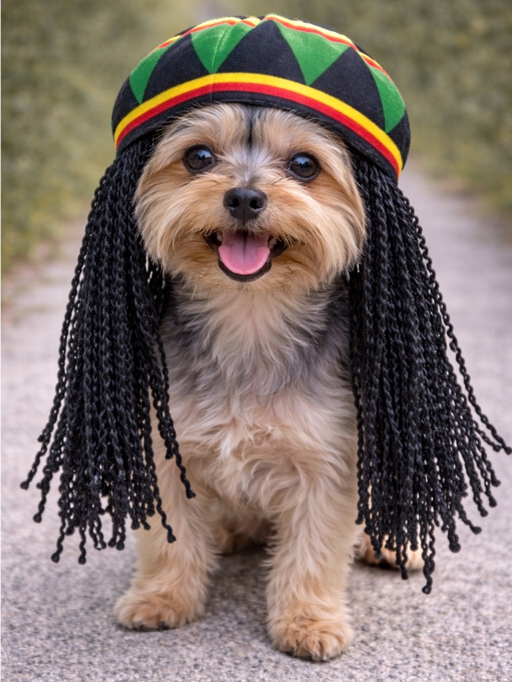 Rasta-Style Dog Hat with Braided Fringe - Black/Green/Red/Yellow